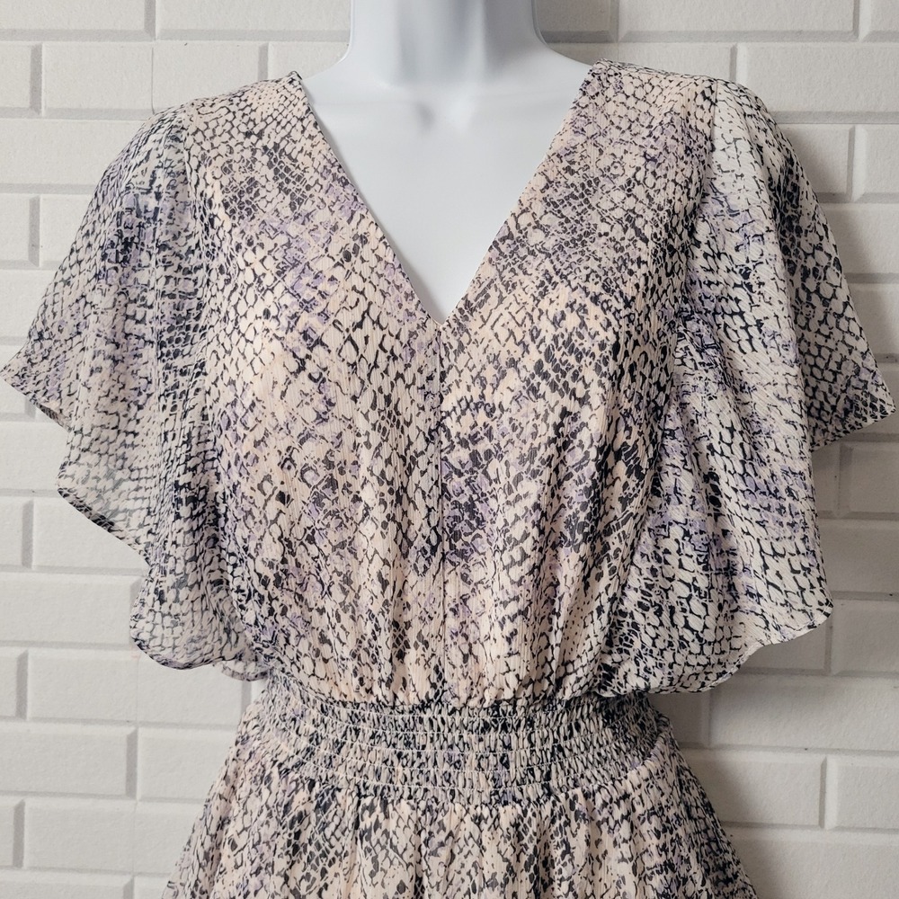 DKNY Flutter Sleeve Dress 8 Navy Pink Snakeskin Print Smocked Waist NWT - Picture 3 of 16
